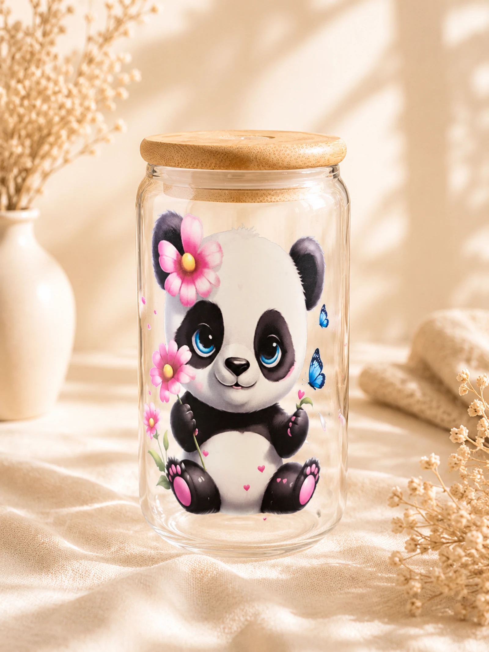 Verre canette avec paille en verre, couvercle en bambou et goupillon